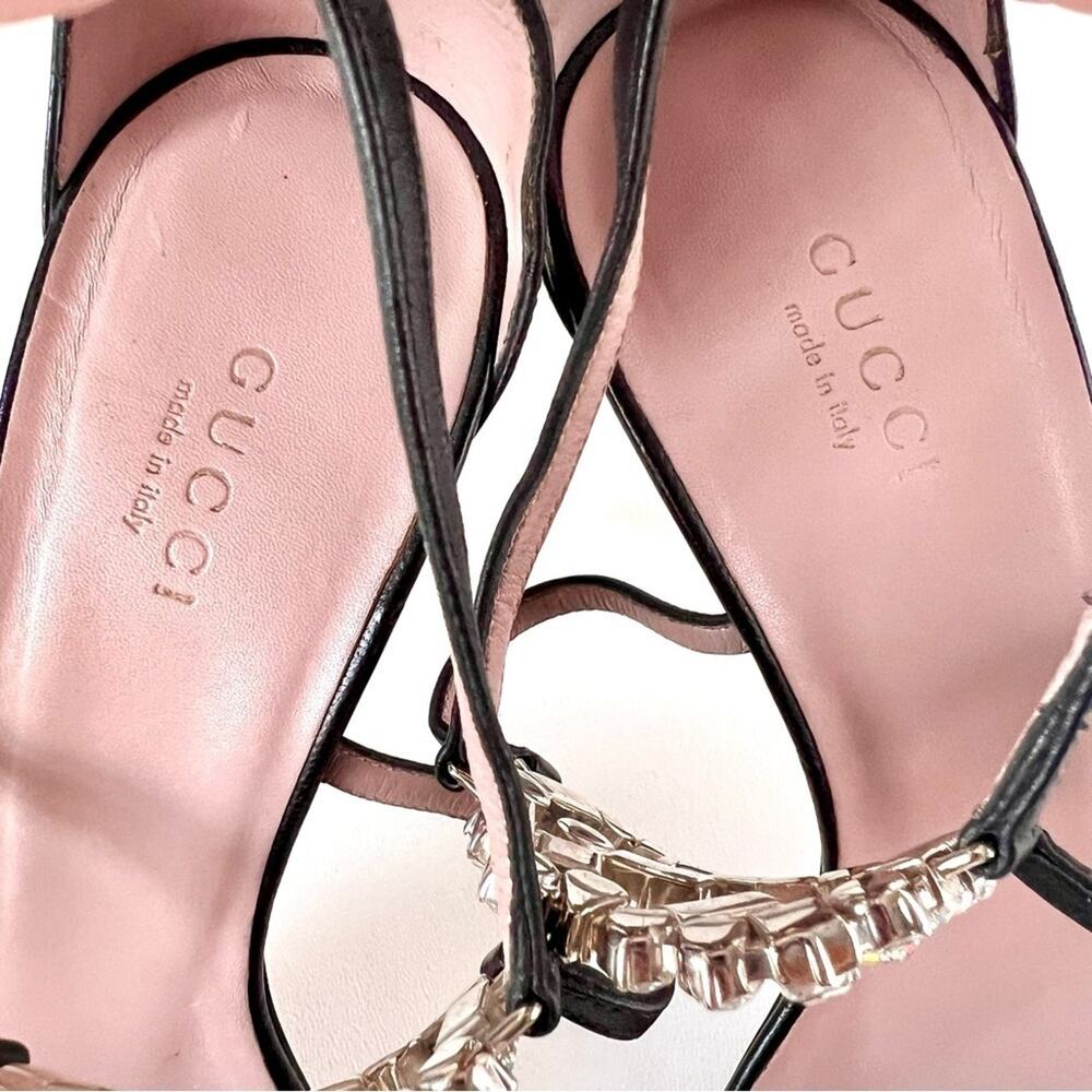 GUCCI || GG Crystal Logo Strappy Heels Black Leather Sandals EU 38 - Picture 8 of 12